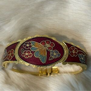 Vintage Cloisonné Red Gold Butterfly Floral Hinge Bangle Bracelet
